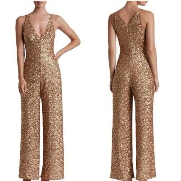 DRESS THE POPULATION CHARLIE GOLD SEQUIN JUMPSUIT  SIZE XL - Picture 1 of 4